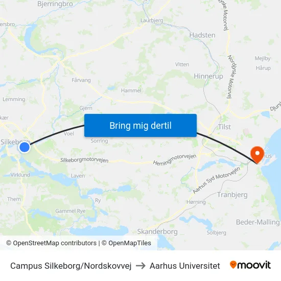 Campus Silkeborg/Nordskovvej to Aarhus Universitet map
