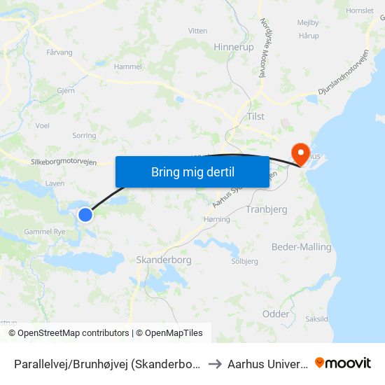 Parallelvej/Brunhøjvej (Skanderborg Kom) to Aarhus Universitet map