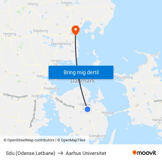 Sdu (Odense Letbane) to Aarhus Universitet map