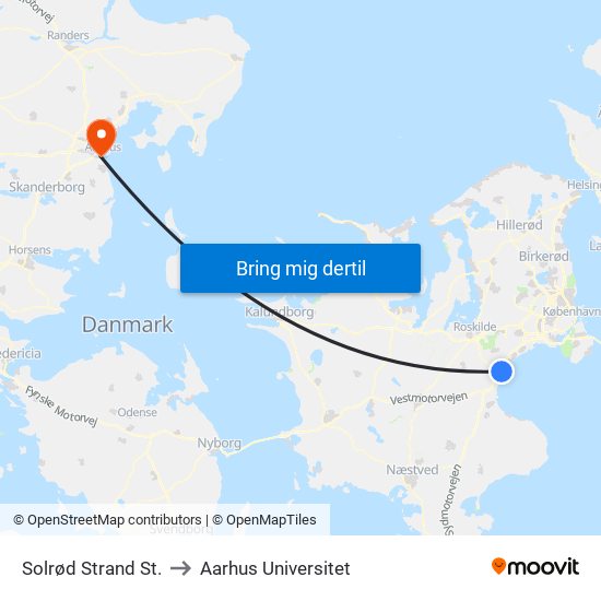 Solrød Strand St. to Aarhus Universitet map