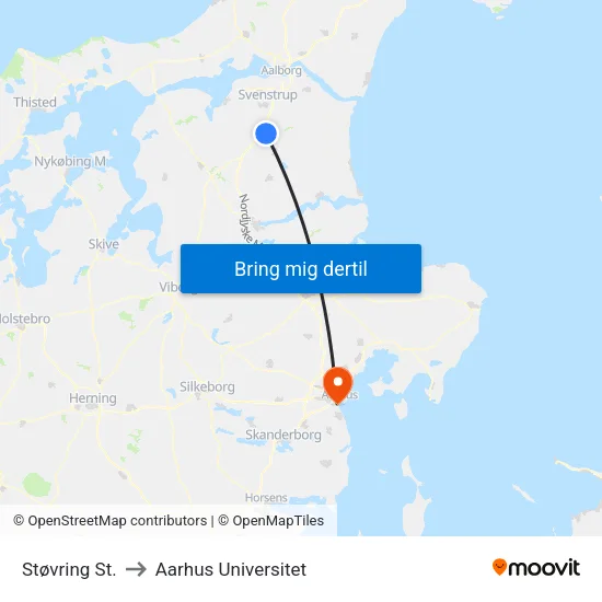Støvring St. to Aarhus Universitet map