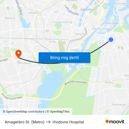 Amagerbro St. (Metro) to Hvidovre Hospital map