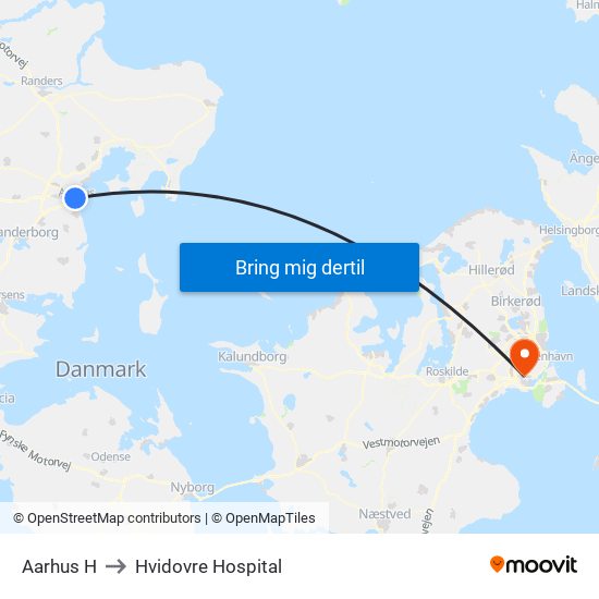 Aarhus H to Hvidovre Hospital map