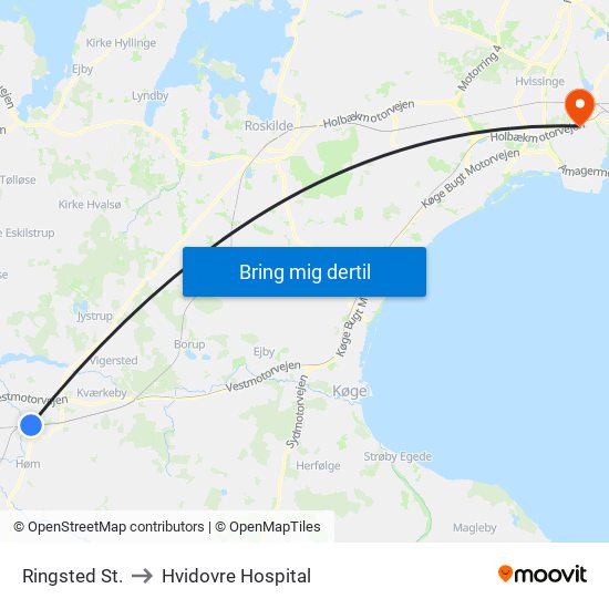 Ringsted St. to Hvidovre Hospital map