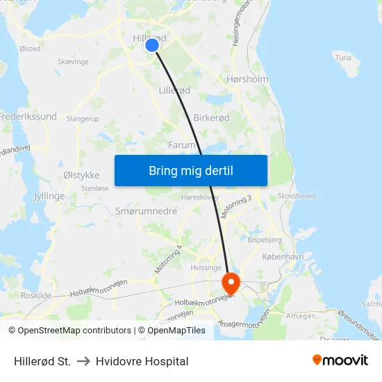 Hillerød St. to Hvidovre Hospital map