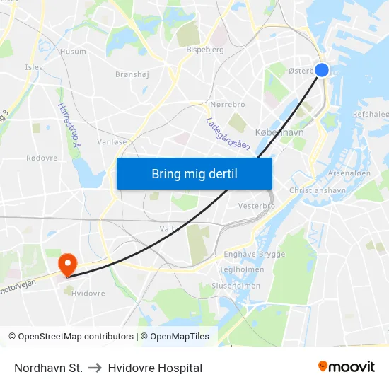 Nordhavn St. to Hvidovre Hospital map
