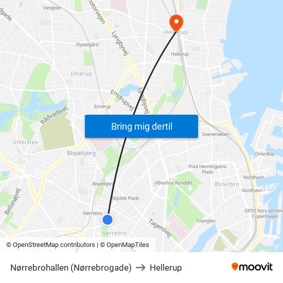 Nørrebrohallen (Nørrebrogade) to Hellerup map