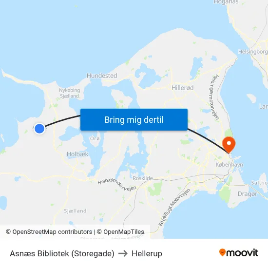 Asnæs Bibliotek (Storegade) to Hellerup map