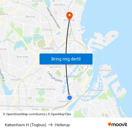 København H (Togbus) to Hellerup map