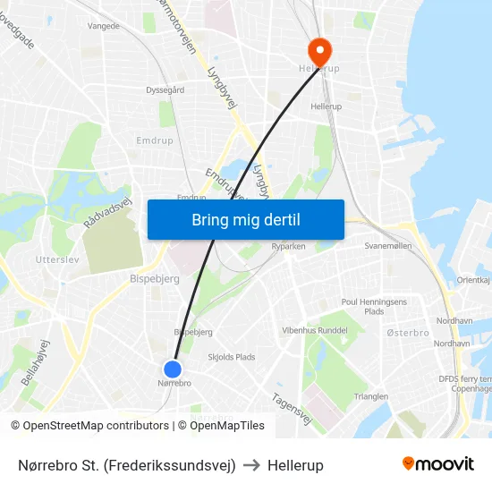 Nørrebro St. (Frederikssundsvej) to Hellerup map