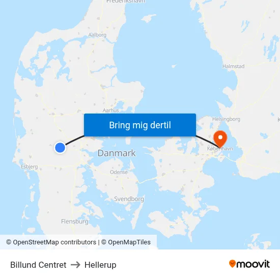 Billund Centret to Hellerup map