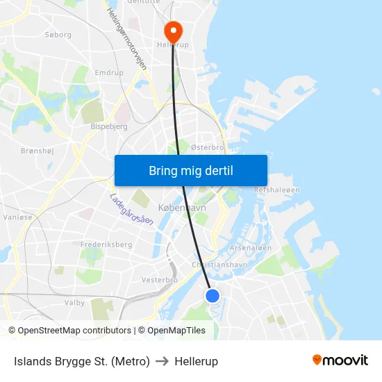 Islands Brygge St. (Metro) to Hellerup map