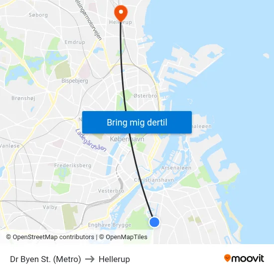 Dr Byen St. (Metro) to Hellerup map