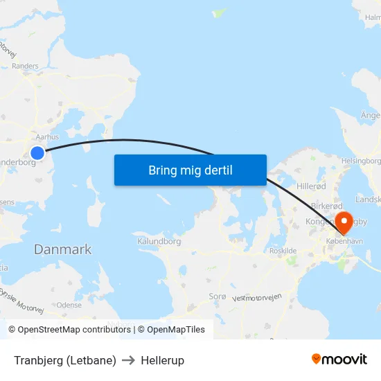 Tranbjerg (Letbane) to Hellerup map