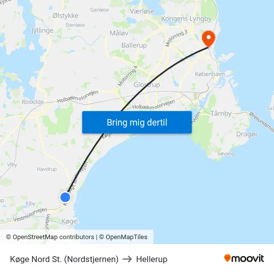 Køge Nord St. (Nordstjernen) to Hellerup map