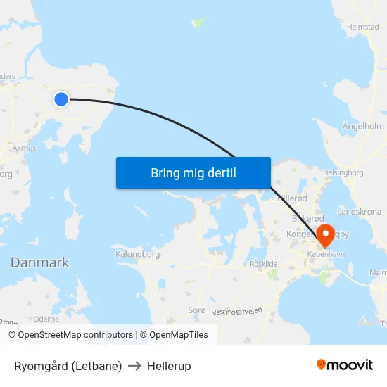 Ryomgård (Letbane) to Hellerup map