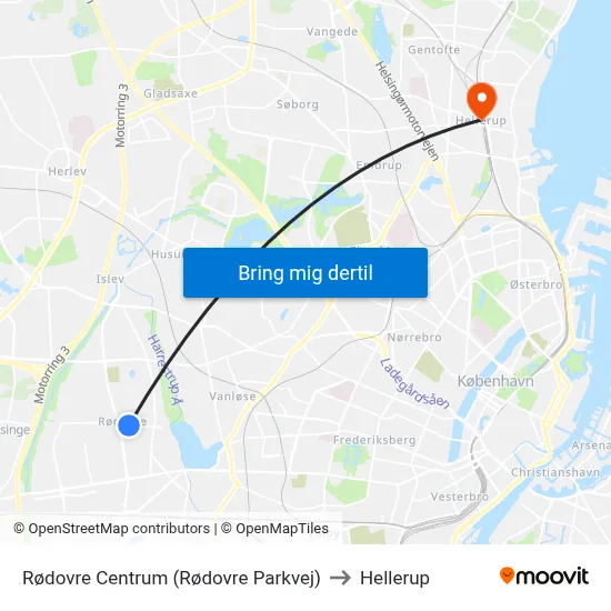 Rødovre Centrum (Rødovre Parkvej) to Hellerup map