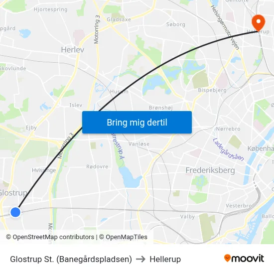 Glostrup St. (Banegårdspladsen) to Hellerup map