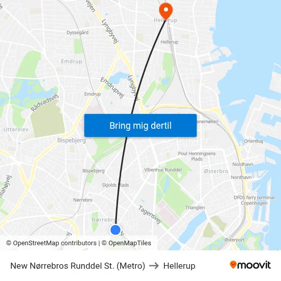 New Nørrebros Runddel St. (Metro) to Hellerup map