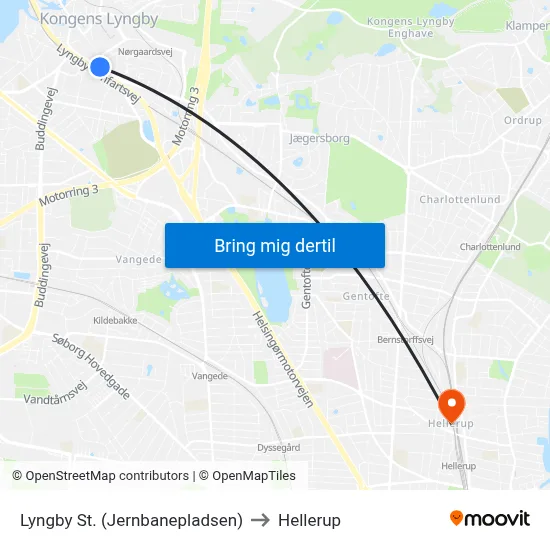 Lyngby St. (Jernbanepladsen) to Hellerup map
