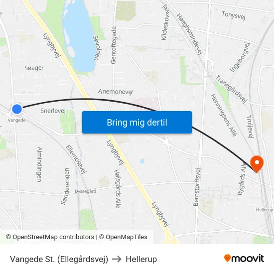 Vangede St. (Ellegårdsvej) to Hellerup map