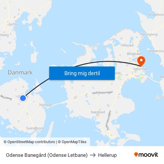 Odense Banegård (Odense Letbane) to Hellerup map