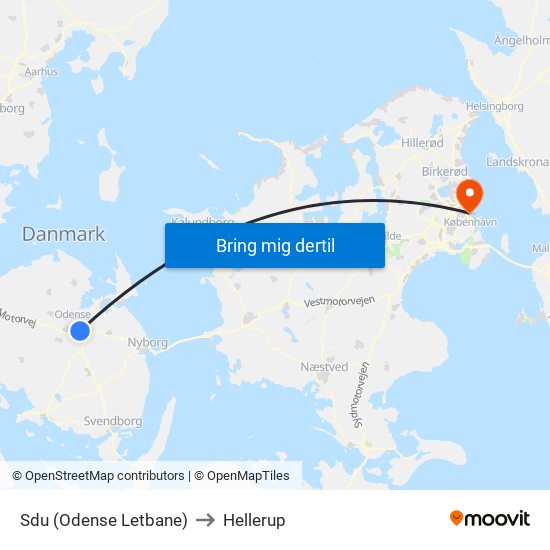 Sdu (Odense Letbane) to Hellerup map