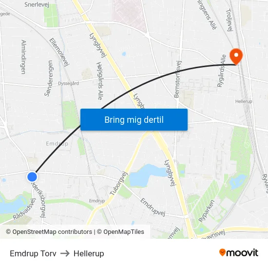 Emdrup Torv to Hellerup map