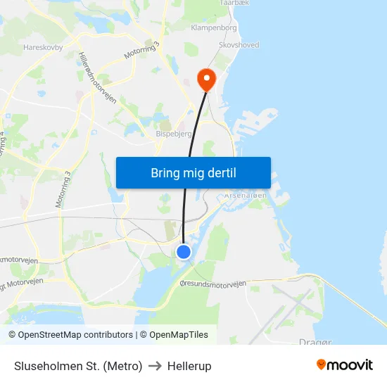 Sluseholmen St. (Metro) to Hellerup map