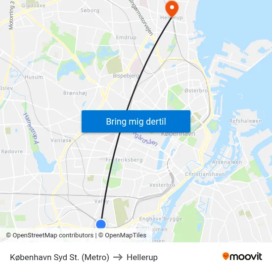 København Syd St. (Metro) to Hellerup map