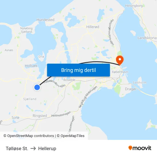 Tølløse St. to Hellerup map