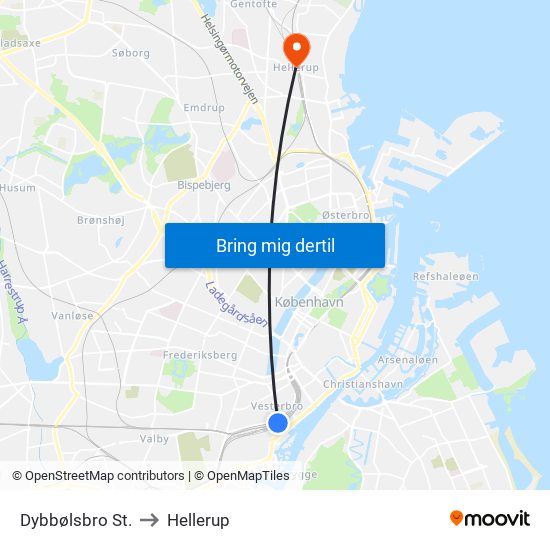 Dybbølsbro St. to Hellerup map