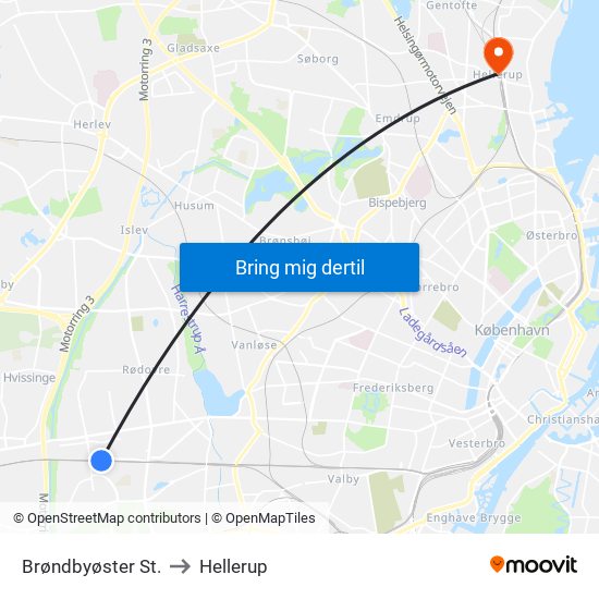 Brøndbyøster St. to Hellerup map