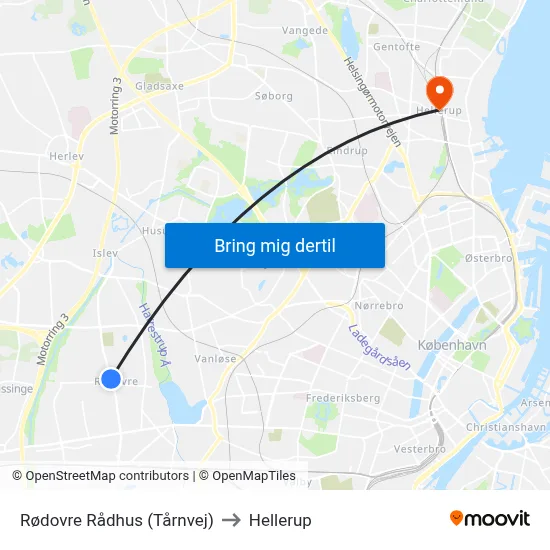 Rødovre Rådhus (Tårnvej) to Hellerup map