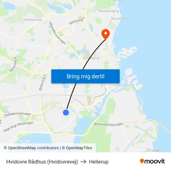 Hvidovre Rådhus (Hvidovrevej) to Hellerup map