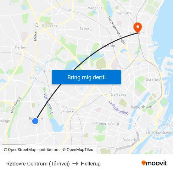 Rødovre Centrum (Tårnvej) to Hellerup map