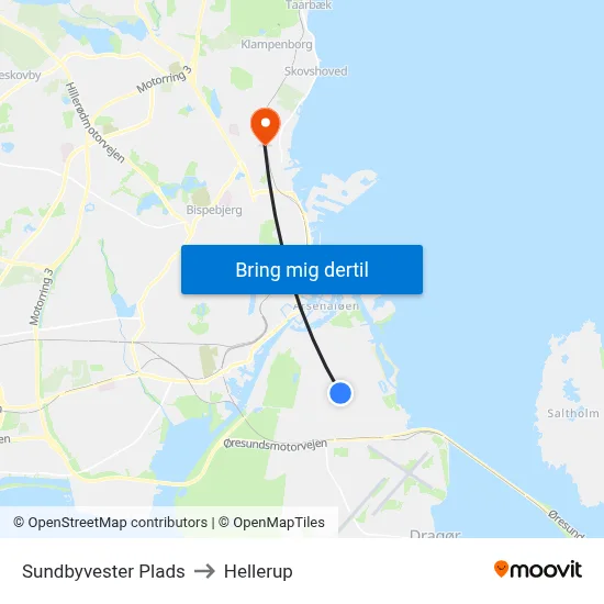 Sundbyvester Plads to Hellerup map