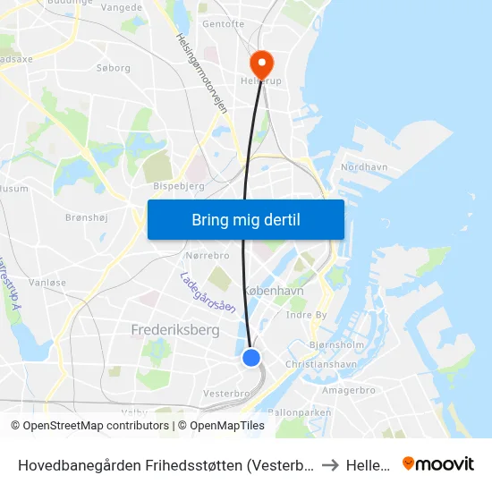 Hovedbanegården Frihedsstøtten (Vesterbrogade) to Hellerup map