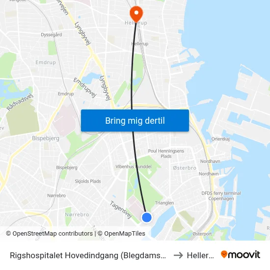 Rigshospitalet Hovedindgang (Blegdamsvej) to Hellerup map