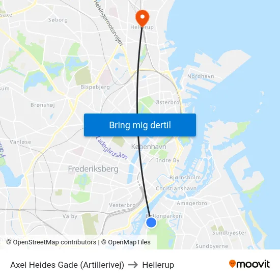Axel Heides Gade (Artillerivej) to Hellerup map