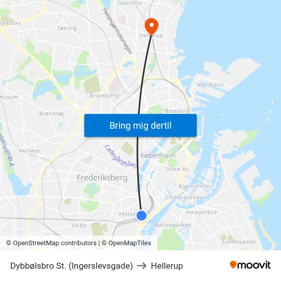 Dybbølsbro St. (Ingerslevsgade) to Hellerup map