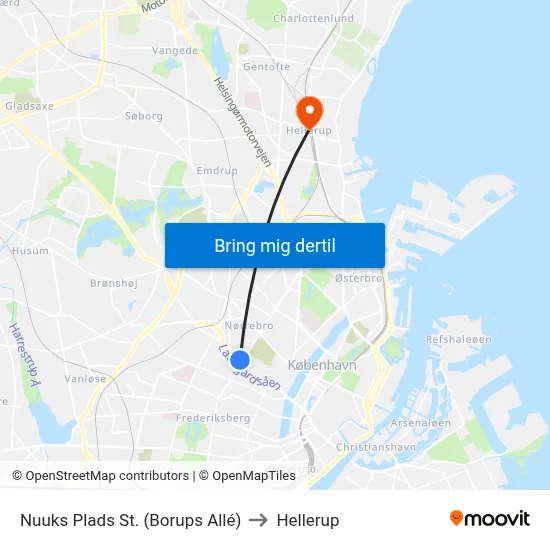 Nuuks Plads St. (Borups Allé) to Hellerup map