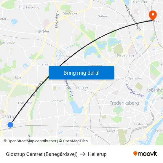 Glostrup Centret (Banegårdsvej) to Hellerup map