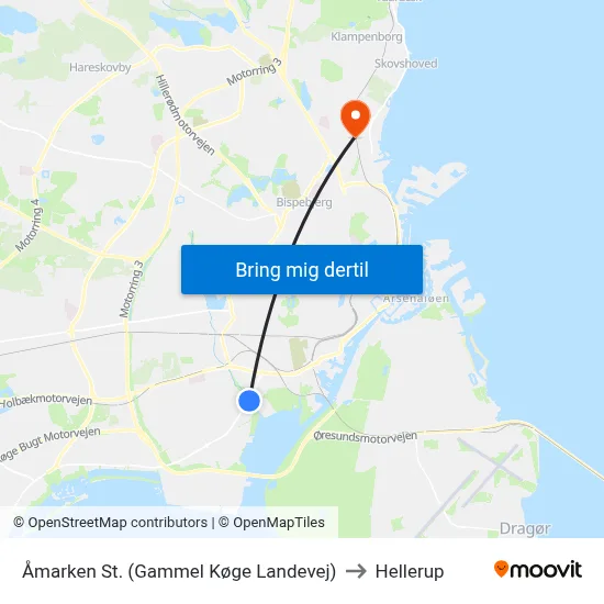 Åmarken St. (Gammel Køge Landevej) to Hellerup map