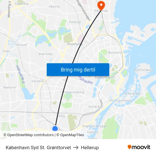 København Syd St. Grønttorvet to Hellerup map