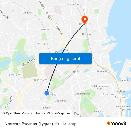 Nørrebro Bycenter (Lygten) to Hellerup map