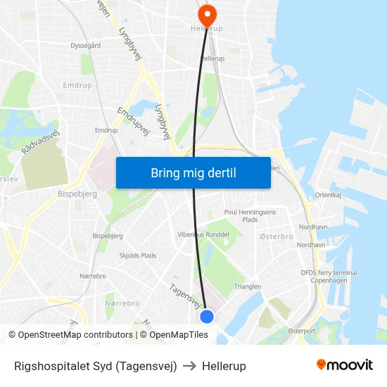 Rigshospitalet Syd (Tagensvej) to Hellerup map