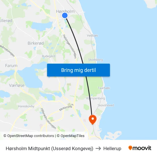 Hørsholm Midtpunkt (Usserød Kongevej) to Hellerup map