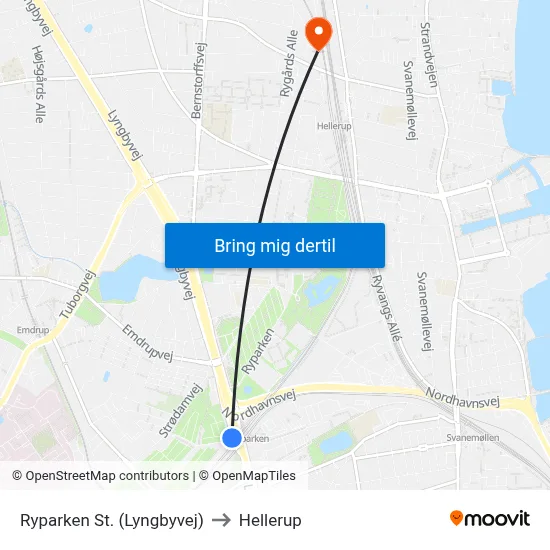 Ryparken St. (Lyngbyvej) to Hellerup map
