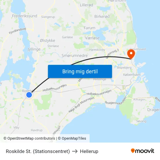 Roskilde St. (Stationscentret) to Hellerup map